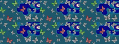 Tekstil, duvar kâğıtları, web sayfası arkaplanları ve yüzey dokuları için mükemmel. Tropikal temalı kelebek deseni. Raster illüstrasyonu. Mavi renkte sevimli kelebek çizim deseni.