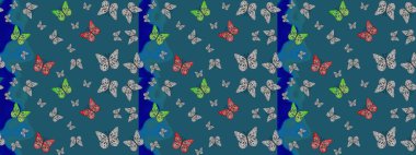 Robot resim. Raster illüstrasyonu. Sonsuz. Kelebekli tasarım. Mavi arka planda kelebekler. Çizim, karalama, karalama.