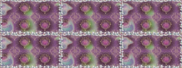 Şablon, pürüzsüz, çiçekli kenar. Güzel, parlak, pürüzsüz kumaş, tuval. Raster illüstrasyonu. Çiçek çelengi. Kıvırcık, parlak örgü. Klasik eski arkaplan.