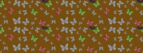 Renkli kelebeklerin eskiz geçmişi. Giysi tasarımı için kahverengi arka planda dekorasyon. Raster illüstrasyonu.