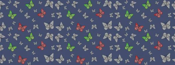 Dekoratif Raster çizimi. Elle çizilmiş kelebeklerle. Mavi renklerin soyut arkaplanı. Renkli romantik kelebekler eskiz kalıbı arka planı.