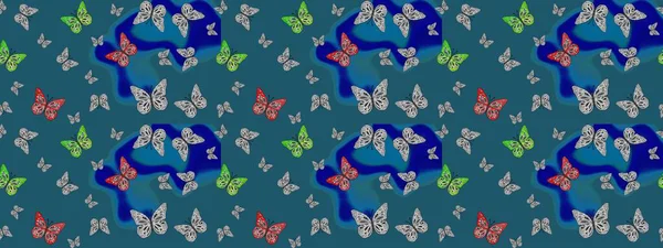 Soyut eskiz arka planı. Raster Kelebekleri deseni. Güzel bir kumaş tasarımı. Mavi renkler üzerine resim.