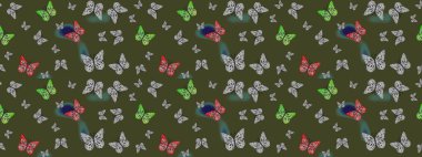 Raster illüstrasyonu. Duvar kağıdı için böcek dokusunun tekrarı. Yeşil lekeli güzel kelebek kumaşı dokusu. Bahar Kelebeği şirin tema.