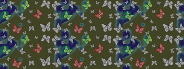 Raster illüstrasyonu. Kumaş, Tekstil, Baskı ve Davetiye için arka plan. Yeşil arkaplanda kelebek deseni.