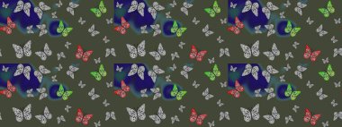 Karala, karala, karala. Yeşil renkli resim. Raster. Yeşil arka planda renkli kelebeğin çizim şekli.