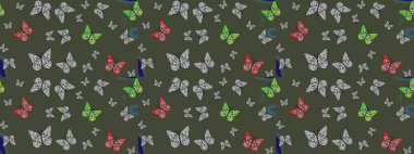 Kelebek gölgeleri ve siluetler. Kumaş, kağıt ve ambalaj için uygun. Raster illüstrasyonu. Bahar ve yaz tropikal kelebek deseni yeşil renklerde..