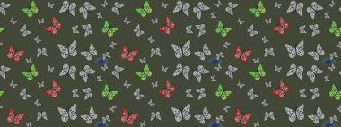 Kıyafetler, erkekler, kızlar ve duvar kağıtları için soyut çizim kalıbı. Raster illüstrasyonu. Böcekli eskiz kalıbı. Boyama kitabı için uçan farklı güzel kelebekler..