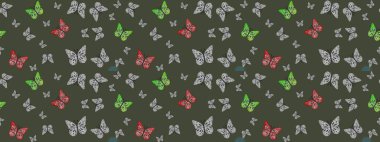 Yeşil üzerinde sevimli kelebekler. Renkli kelebeklerin eskiz geçmişi. Raster illüstrasyonu. Ambalaj kağıtları ve duvar kağıtları için güzel bir arkaplan, kumaş tasarımı, kağıt..