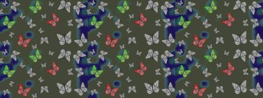 Yeşil renkli Raster Arkaplanı. Güzel Kelebek Siluetleriyle Moda Dekorasyonu. Kart, Davetiye ve Yazdırma için Şirin Kadınsı Desen. Renkli Kelebeklerle Bahar Arkaplanı.