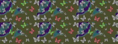 Basit Kadınsı Kart, Davetiye, Yazdırma Kalıbı. Güve ile Raster Geçmişi. Kelebeklerle dolu yaz arkaplanı yeşil renkler. Güzel Kelebek Siluetleriyle Moda Dekorasyonu.