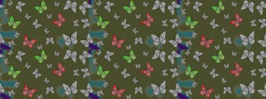 Tropik gerçekçi kelebek. Sırtın için parlak bir dövme. Yeşil arka planda güzel renkli kelebek. Kelebek tasviri. Raster..