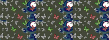 Davetiye, kart ve parmak izi için basit şirin bir model. Kelebeklerle dolu renkli bir halk eskizi çizimi. Yeşil arka planda renkli kelebek.