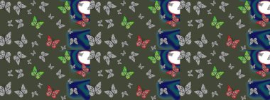 Kumaş, kağıt, ambalaj kâğıdı ve duvar kağıdı tasarımı için güzel bir arka plan. Renkli kelebeklerin eskiz geçmişi. Raster illüstrasyonu.