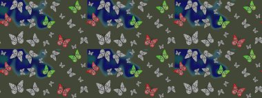 Elle çizilmiş illüstrasyon. Raster. Yeşil renkli resimler. Şirin kelebeklerin güzel çizim şekli. Moda Kumaşı Tasarımı.