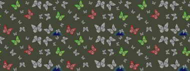 Parlak kelebeklerin eskiz geçmişi. Uçan güvelerle çok renkli bir arka plan çiz. Raster. Güzel renkli kelebekler yeşil renklerde kaotik bir şekilde uçarlar. Kumaş, kağıt, ambalaj için uygun
