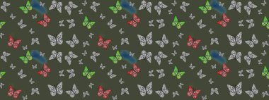 Kumaş, kağıt, ambalaj kâğıdı ve duvar kağıdı tasarımı için hoş bir arka plan. Yeşil. Kelebeklerle çizim yapın.