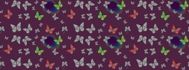 Kart, Davetiye ve Yazdırma için Şirin Kadınsı Desen. Renkli Kelebeklerle Bahar Arkaplanı. Raster Arkaplanı kahverengi renklerde. Güzel Kelebek Siluetleriyle Moda Dekorasyonu.