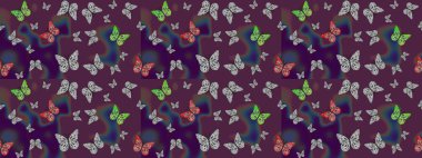 Parlak kelebeğin eskiz geçmişi. Raster. Kumaş, kağıt ve ambalaj için uygun. Güzel renkli kelebekler kahverengi renklerde kaotik bir şekilde uçarlar. Uçan güve ile çok renkli arkaplanı çiz