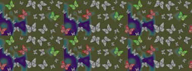 Yeşile kelebek desenli kontrastlı çizim. Giysiler için böcek kumaşı klipsleri tekrarlanıyor. Uçan kelebek keten temalı Raster çizimi. Davet, kart, yazdırma için basit kadınsı desen.