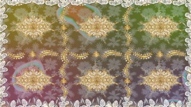 Kına dövmeli süs çiçekleri, altın çıkartmalar, mehndi ve yoga tasarımı, kartlar ve parmak izleri. Raster Golden Mehndi kusursuz desen. Bej rengi desen.