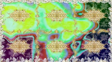 Yeşil renklerde pürüzsüz desen. Doğu tarzı arabesk tarzında altın elementler. Raster altın pürüzsüz desen. Kusursuz altın desenli bukleler..