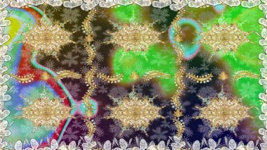 Geleneksel oryantasyon süsü. Yeşil renklerde, altın elementlerle kusursuz desen. Klasik klasik klasik arka plan. Raster illüstrasyonu. Kusursuz klasik raster altın desenli.