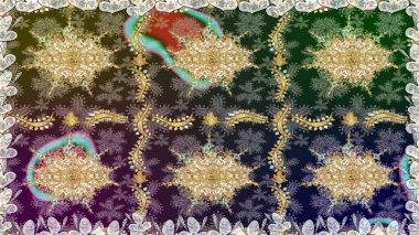 Geleneksel raster ve altın desen. Damask pürüzsüz süsü. Gri renkler üzerinde klasik oryantal desen.