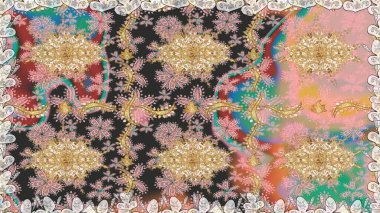 Altın antika ortaçağ dekoratifi, yapraklar ve tarafsız renklerde altın desenli süslemeleri olan dikişsiz bir şablon. Kusursuz kraliyet lüksü, altın barok kumaş rengi..