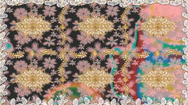 Doku arka planında altın duvar kâğıdı. Barok tarzında altın çiçekli süs. Gri renklerdeki altın element. Damask kusursuz yinelenen arkaplan.