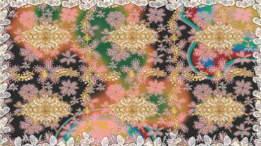 Bej renklerde altın elementler. Duvar kâğıdı barok, İspanyol kumaşı. Kusursuz raster arka plan. Çiçek deseni. Şekil grafik deseni.