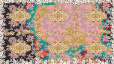 Şık bir grafik desen. Duvar kâğıdı barok, İspanyol kumaşı. Kusursuz raster arka plan. Çiçek deseni. Tarafsız renklerdeki altın elementler.