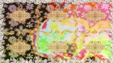 Raster illüstrasyonu. Klasik klasik klasik arka plan. Tarafsız renklerde, altın elementlerle kusursuz desen. Kusursuz klasik raster altın desenli. Geleneksel oryantasyon süsü.