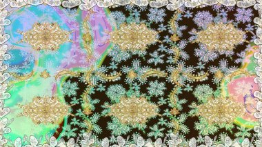 Damask altın soyut çiçek nötr renklerde pürüzsüz desen. Süslü dekorasyon. Raster illüstrasyonu.