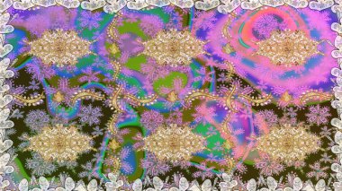 Altın çiçekli, pürüzsüz desen. Barok tarzında altın çiçekli süs. Damask arkaplanı. Tarafsız renklerdeki altın element.