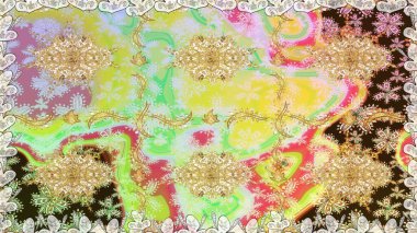 Tarafsız renklerde altın element. Antika altın tekrarlanabilir duvar kağıdı. Damask arkaplanı tekerrür ediyor. Barok tarzında altın çiçek süsü..