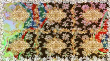 Davetiyeler, kartlar, web sayfası için Raster illüstrasyon. Doğu tarzı element. Altın desenli çiçek dekoru. Çizgi sanatı tasarım şablonu için kusursuz sınır. Kahverengi renklerde altın element.