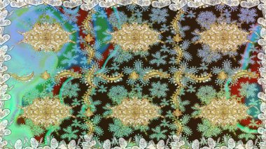 Hassas altın deseni açın. Doğu tarzı arabesk. Parlak dantel, stilize çiçekler, şal desenli. Kahverengi renklerde, altın elementlerle kusursuz desen. Kusursuz altın desenli bukleler. Raster sanatı