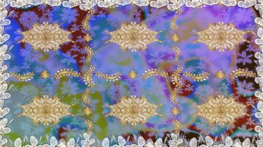 Raster. Hassas altın deseni açın. Doğu tarzı arabesk. Tarafsız renklerde, altın elementlerle kusursuz desen. Kusursuz altın desenli bukleler. Parlak dantel, stilize çiçekler, şal desenli.