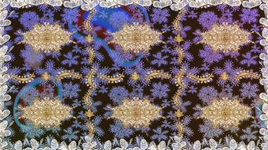 Raster sanatı. Kahverengi renklerde, altın elementlerle kusursuz desen. Doğu tarzı arabesk. Hassas altın deseni açın. Kusursuz altın desenli bukleler. Parlak dantel, stilize çiçekler, şal desenli