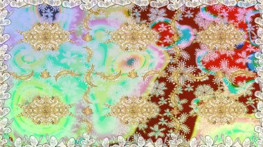 İslam tasarımı. Çiçek kiremitleri. Raster altın tekstil baskısı. Kusursuz desenli oryantal süs. Altın elementlerle nötr renklerde altın desen.