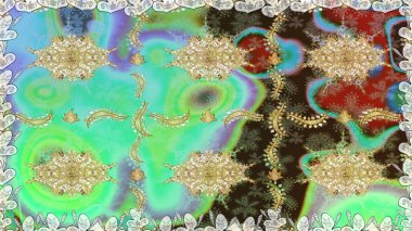 Süslü dantel iz sürücü. Geleneksel Arap dekoru yeşil renklerde. Duvar kâğıdı için altın süslü bir illüstrasyon. Doğu tarzında klasik tasarım öğesi. Çiçekli süslemeli, pürüzsüz bir desen..