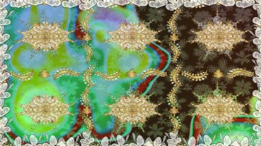 Raster illüstrasyonu. Yeşil renklerde ve altın elementlerle klasik, pürüzsüz desen.