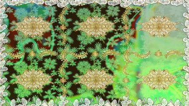 Altın rengi, kusursuz çizim. Senin tasarımın için, duvar kağıdı. Yeşil renklerde, altın çiçekli altın desenli desen. Raster geometrik arkaplanı.