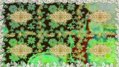 Geleneksel klasik altın desen. Barok tarzında kusursuz bir doğulu süsü. Raster oryantal süs. Altın elementlerle yeşil renklerde altın desen.