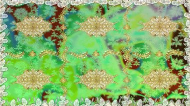 2019 Noel 'i, kar tanesi, yeni yıl. Yeşil renklerde ve altın elementlerle klasik, pürüzsüz desen.