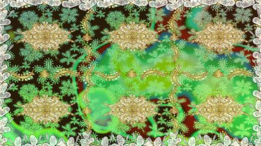 Klasik raster sarısı, kusursuz desen. Çiçek süsü kumaş deseni, cam, çiçek desenli metal altın elementli yeşil renkte.