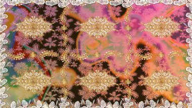 Kusursuz kraliyet lüksü, altın barok kumaş rengi. Altın antika ortaçağ dekoratifi, yapraklar ve kahverengi renkli altın desenli süslemelerle pürüzsüz bir desen..