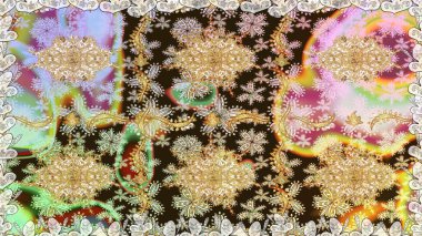 Lüks, kraliyet ve Viktorya dönemi konsepti. Süslü dekorasyon. Tarafsız renklerdeki altın desenler ve altın elementler. Raster klasik barok çiçeksiz altın desenli..