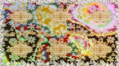 Raster illüstrasyonu. Altın elementli nötr renkler. Doğu tarzı arabesk. Raster altın desen. Kusursuz altın desenli bukleler..