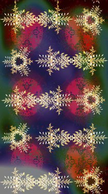 Raster illüstrasyonu. Yüzey için tekrarlanan doku, ambalaj kağıdı, yeşil, mor ve kahverengi renkler. Kış kar tanesi, raster arka plan. Renkli arka planda izole edilmiş güzel kar taneleri.